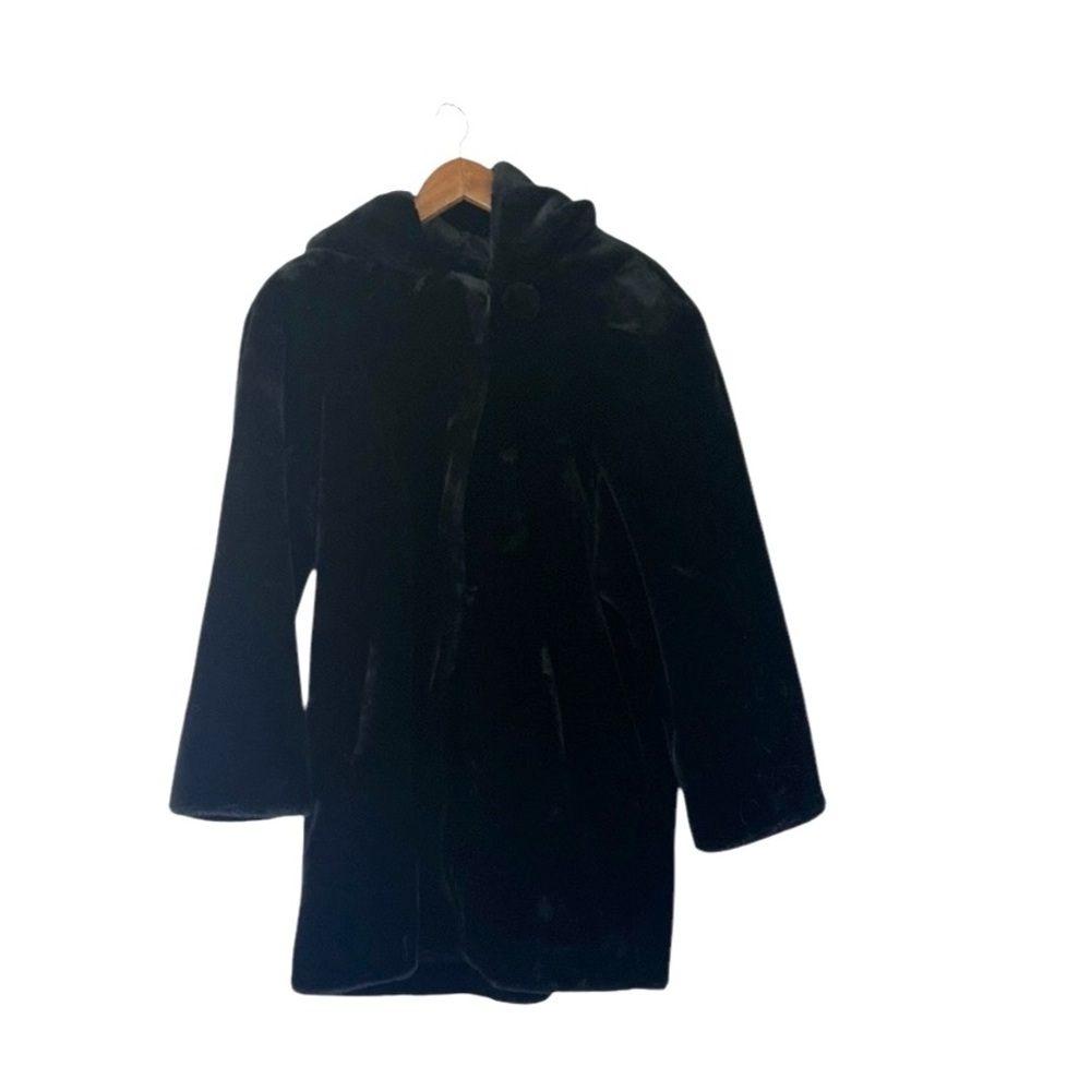 Dennis Basso Black Faux Fur Hood Coat Jacket Elegant Rich Mob Wife Luxe Medium